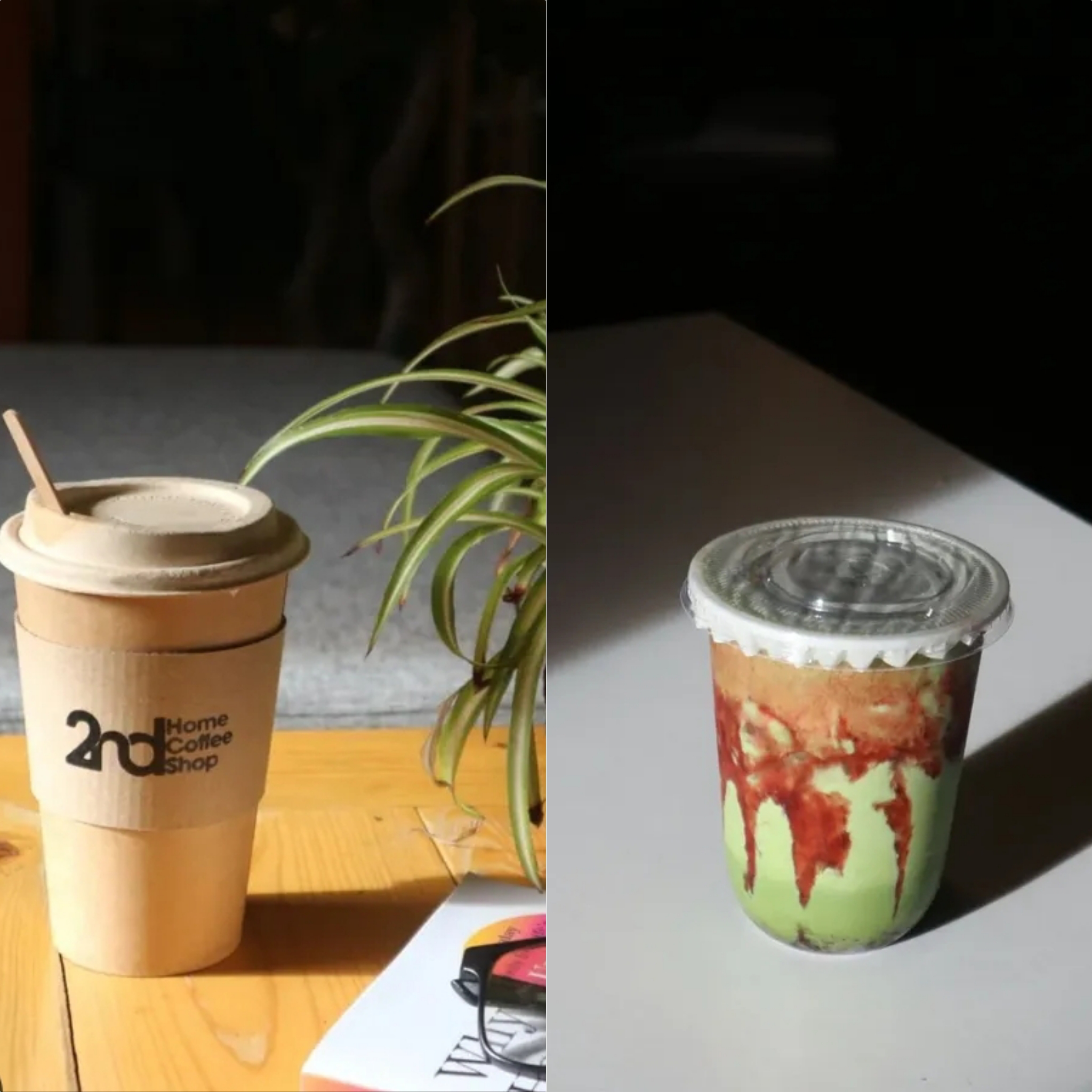 2nd Home Coffee Shop branded cup with specialty matcha drink
