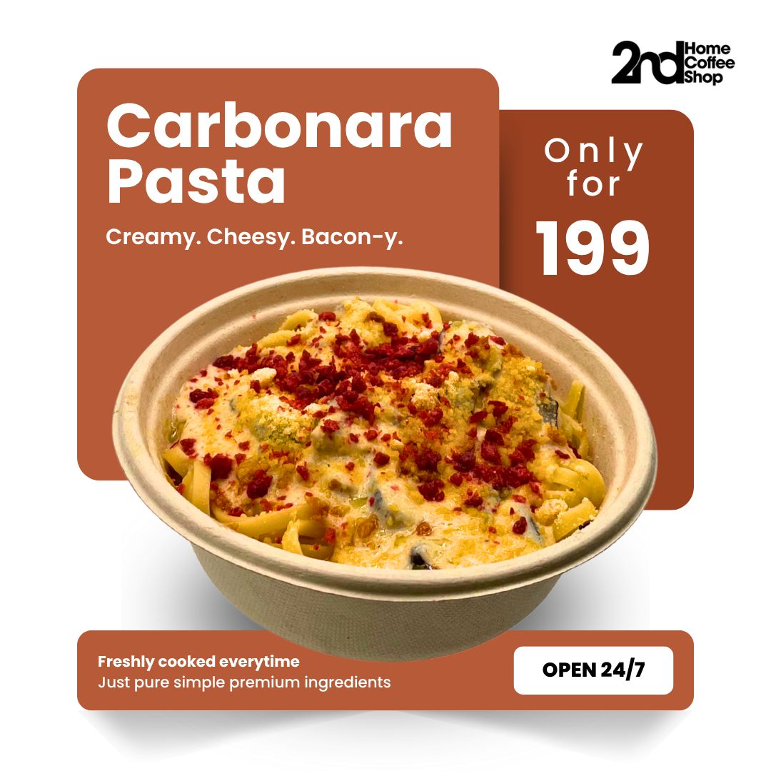 Creamy carbonara pasta dish at 2nd Home Coffee Shop